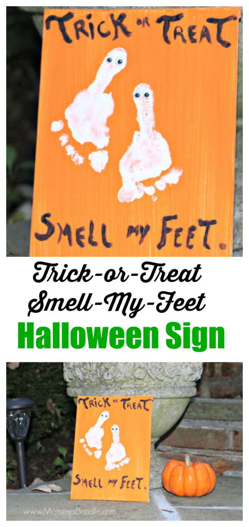 An easy Halloween kid craft or party decor using your toddler's footprint. Trick- or - treat, smell my feet!