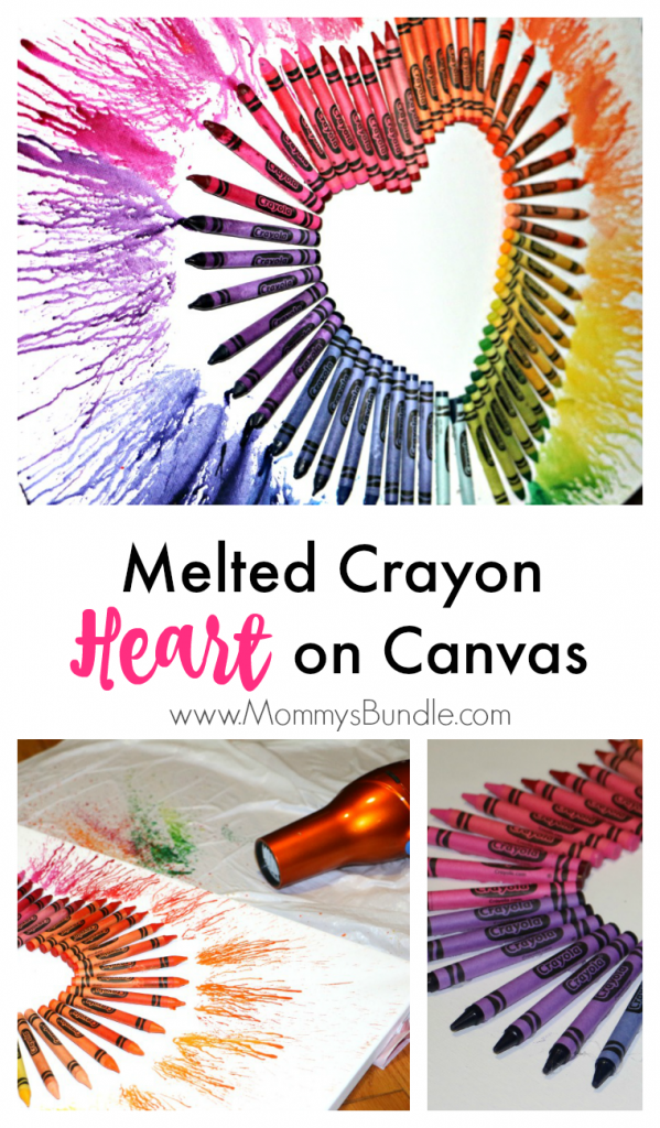 Melt crayons with a blowdryer to create a beautiful art piece or decor for Valentine's Day!
