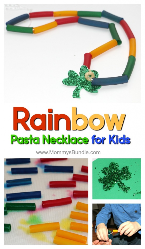 Teaching colors or need an easy St. Patricks Day kids activity? Make this fun rainbow pasta necklace craft & practice fine-motor skills with toddlers and preschoolers.