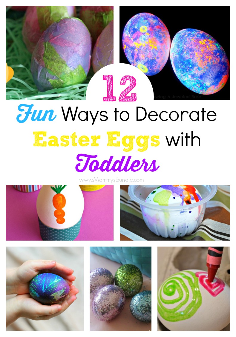 Fun ways toddlers can decorate Easter eggs. Includes easy ideas from water colors and tie-dye to dye-free options like play dough, melted crayons and glitter!