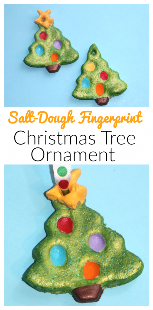 Use the kid's fingerprints to create lights on these adorable Christmas tree ornaments made from salt dough! Makes a beautiful kids craft and keepsake for years to come.