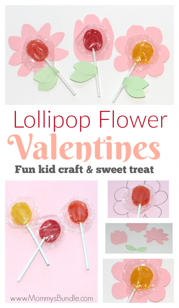 Adorable lollipop flowers make fun Valentines for the class. An easy, last-minute Valentine activity for kids.