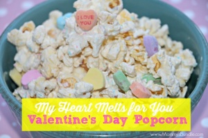 Valentine's Day Popcorn: An easy recipe idea using popcorn, chocolate melts and conversation hearts.
