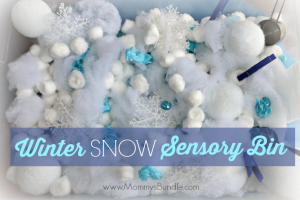This fun winter sensory bin is an easy indoor activity to help kids practice fine-motor skills and play with pretend snow when it's too cold for outdoor play.