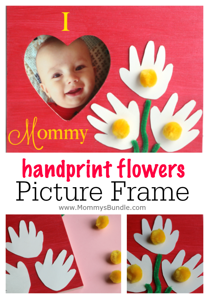 Adorable picture frame gift idea using kid's handprints to create a flower bouquet. Makes a cute keepsake or gift for Valentines or Mother's Day.