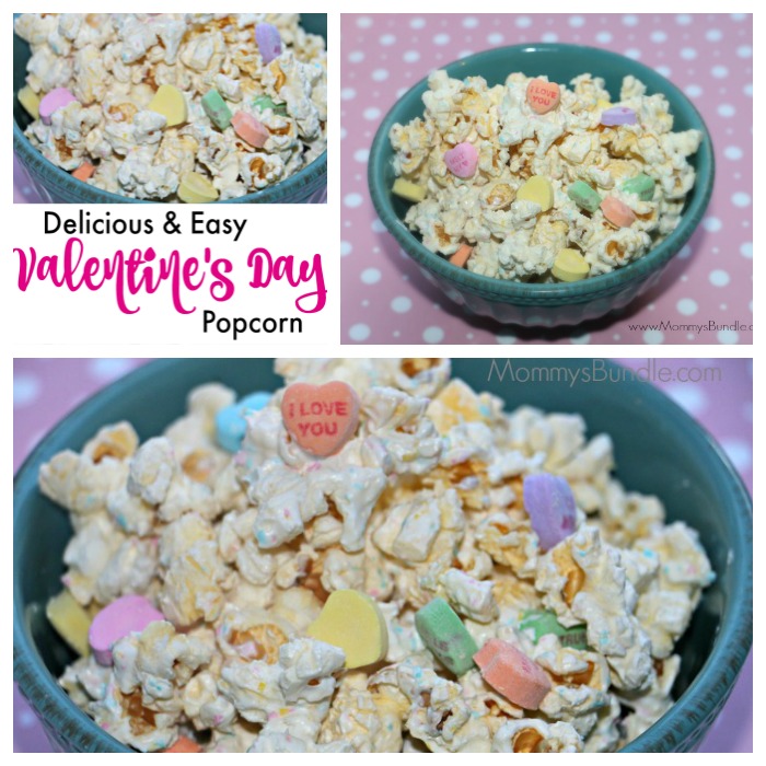 Valentine's Popcorn: Delicious and easy recipe using conversation hearts, chocolate and your favorite popcorn for Valentine's Day!