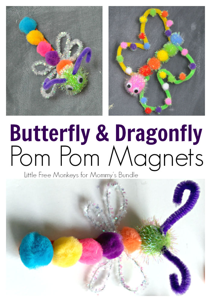 Create cute butterfly and dragonfly magnets using pom poms! An easy Spring craft to make with your toddler or preschool age child!