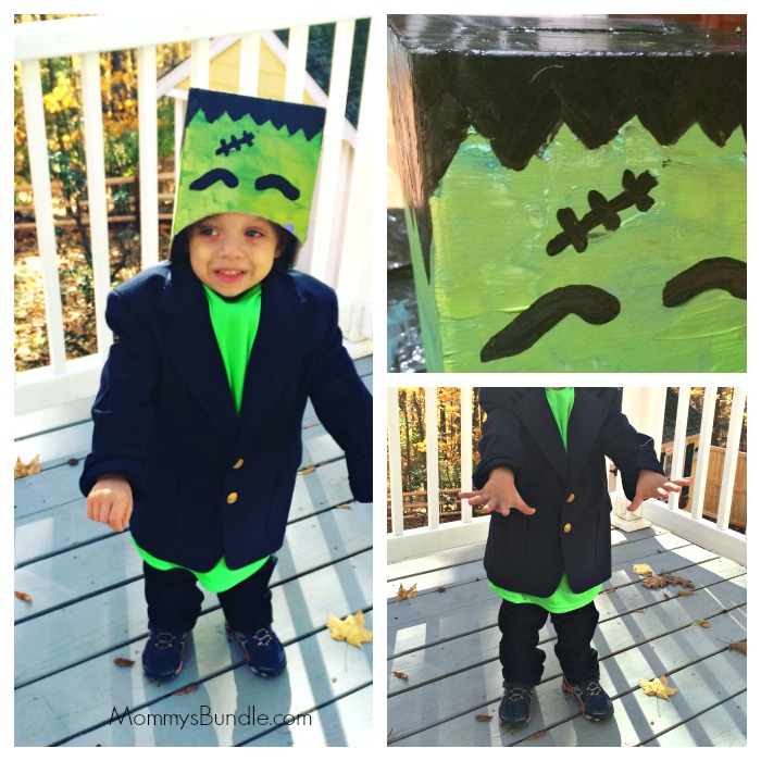 My toddler LOVED this homemade Frankenstein costume! Such a perfect and easy DIY Halloween costume for kids!!