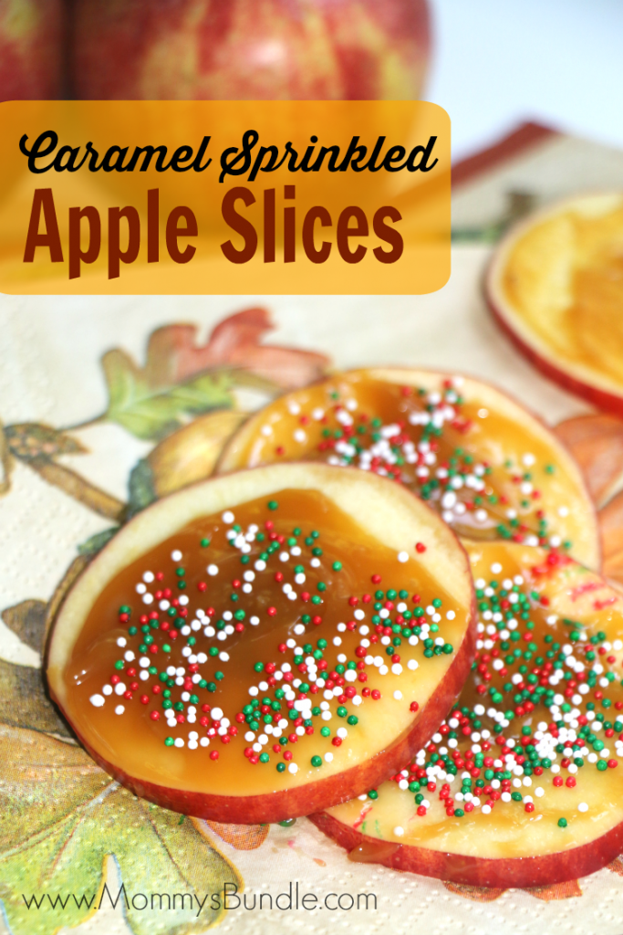 One of the EASIEST apple recipes for the Fall! Top apple slices with caramel and sprinkles for a delicious snack idea your kids will love!