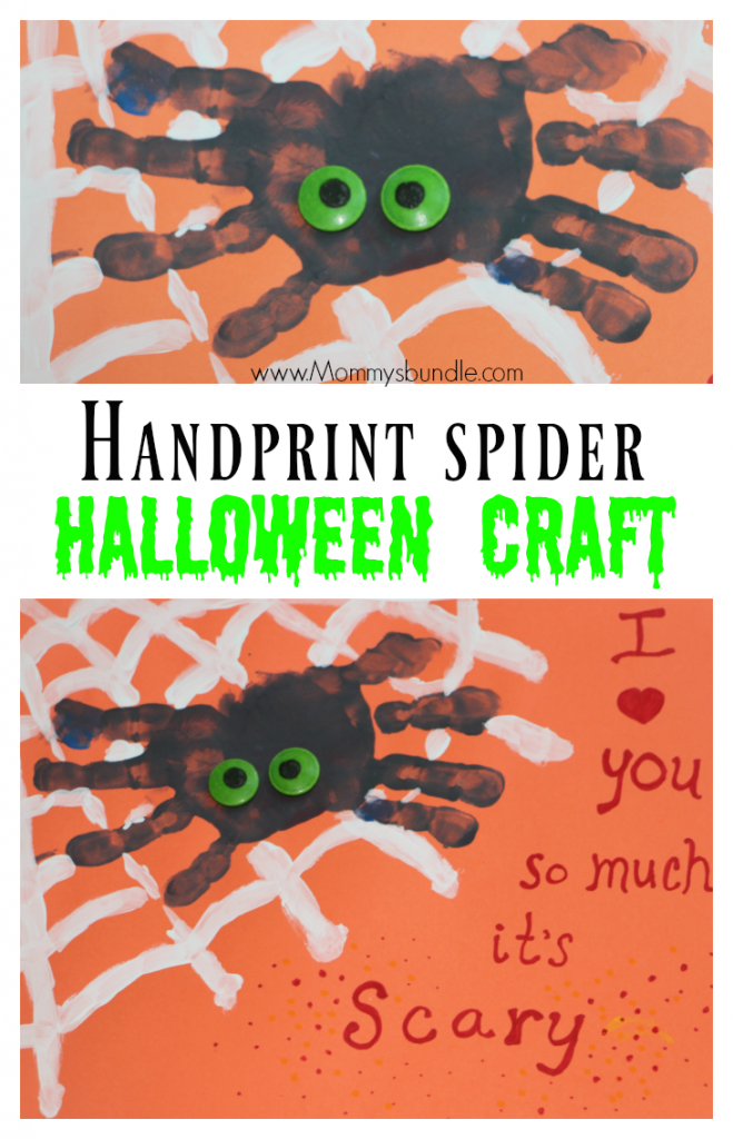 {FREE Printable} An easy handprint spider craft for toddlers and preschoolers. Makes such a fun Halloween craft for all kids!! Use the printable template to add a cute spiderweb and message.