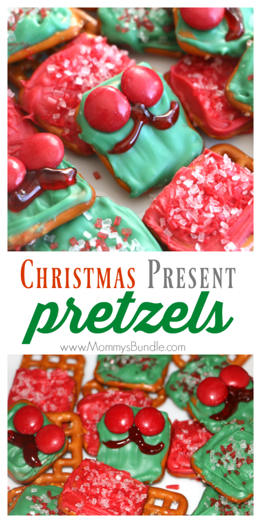 Such fun dessert idea for a Christmas party!! Kids and adults will love these festive pretzel snacks including Christmas present pretzels and peppermint sprinkled pretzels.