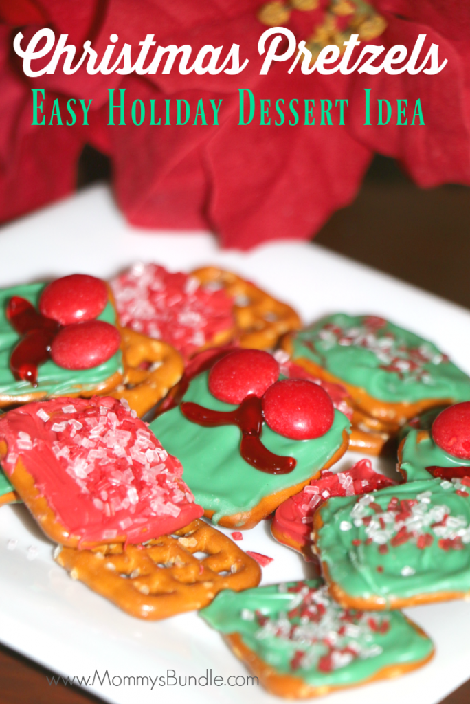 Such a fun dessert idea for a Christmas party!! Kids and adults will love these festive pretzel snacks including Christmas present pretzels and peppermint sprinkled pretzels.