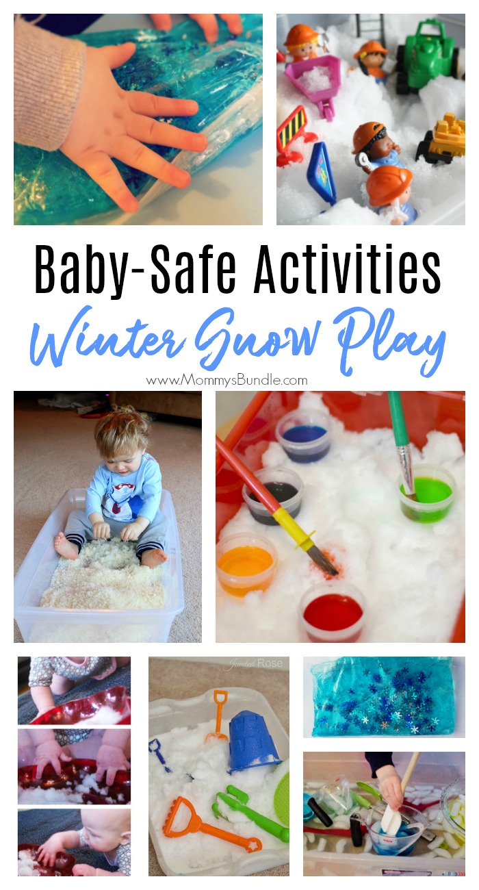 BIG LIST of baby-safe winter activities! Includes sensory ideas, baby art and ways to play with the snow indoors with babies. Fun ideas for babies 6 to 18 months old! Kids will love! #babyactivity #winterart #kidactivities